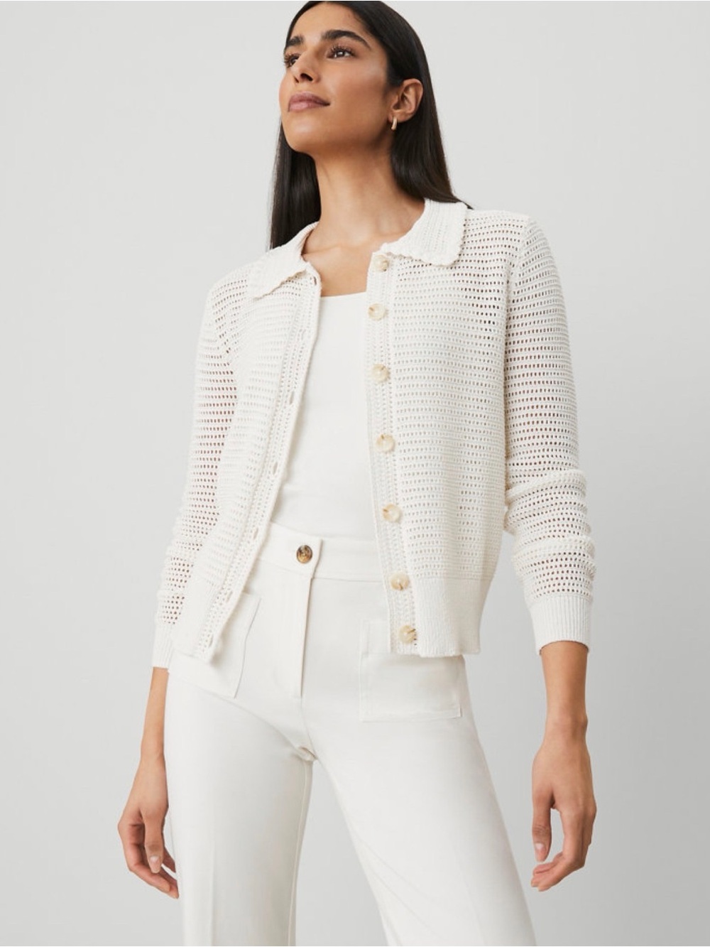 Ann Taylor Petite Ivory Crochet Open Knit Collared Cardigan Small Petite
